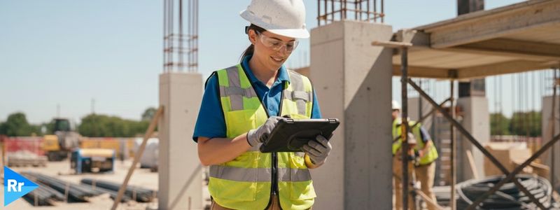 woman construction worker on tablet