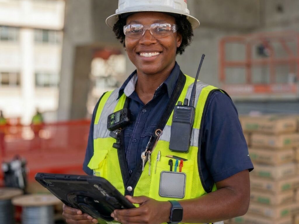 woman construction worker on tablet