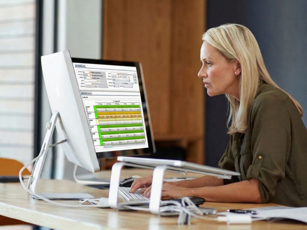 woman working at desk with commuter screen