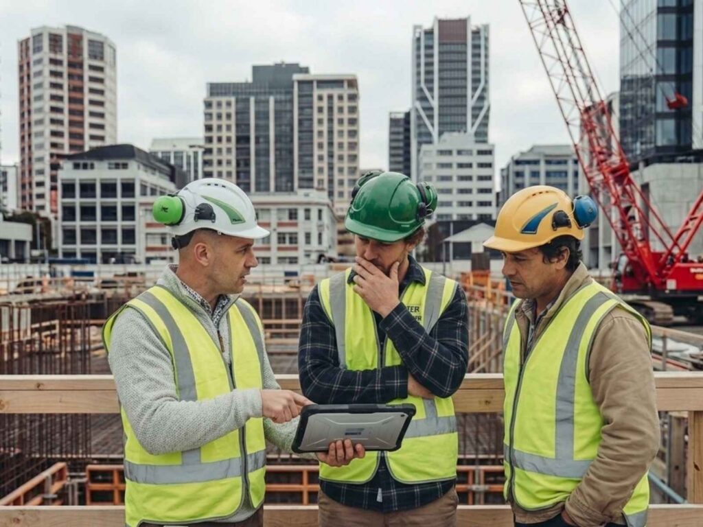 3 cosntruction workers looking at a tablet