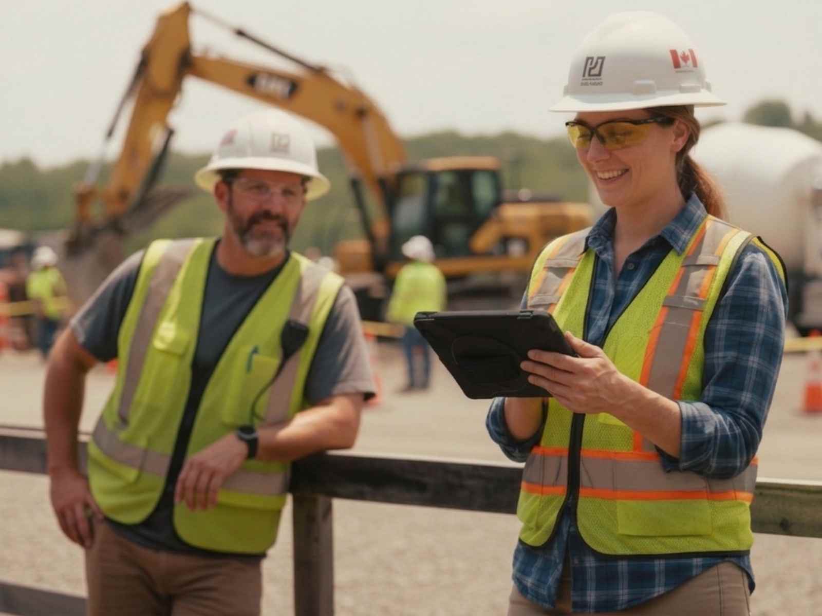 construction workers on job site with tablet