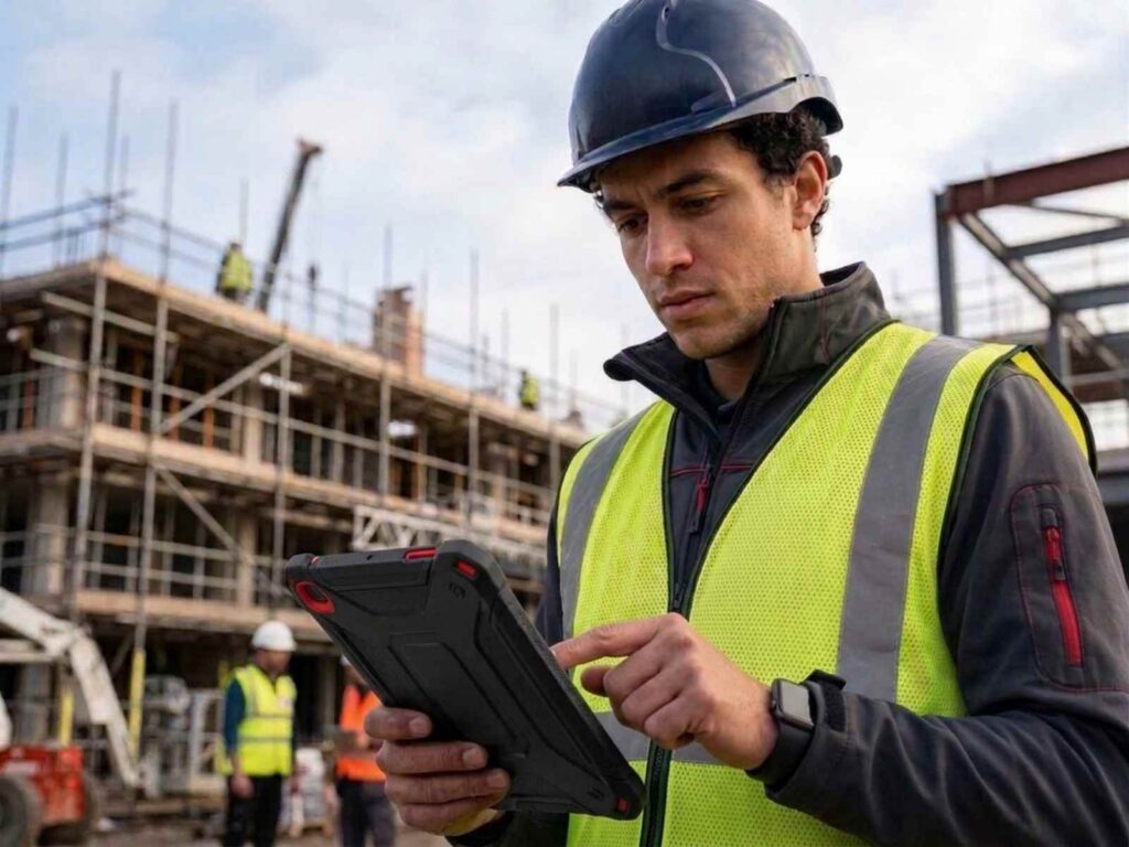 construction worker order equipment on a tablet at a job site