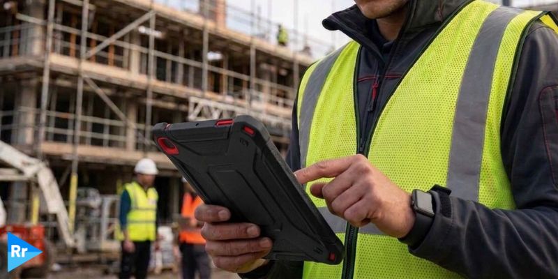 man working on tablet at construction job site