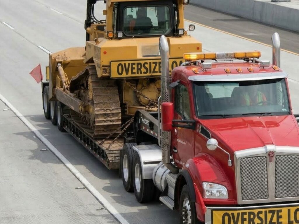 Heavy equipment loaded for transport between jobsites